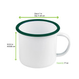 Enamel reusable mug white w/green rim 17oz D:4.7in H:3.5in - 12 pcs Enamel reusable mug white w/green rim 17oz D:4.7in H:3.5in - 12 pcs